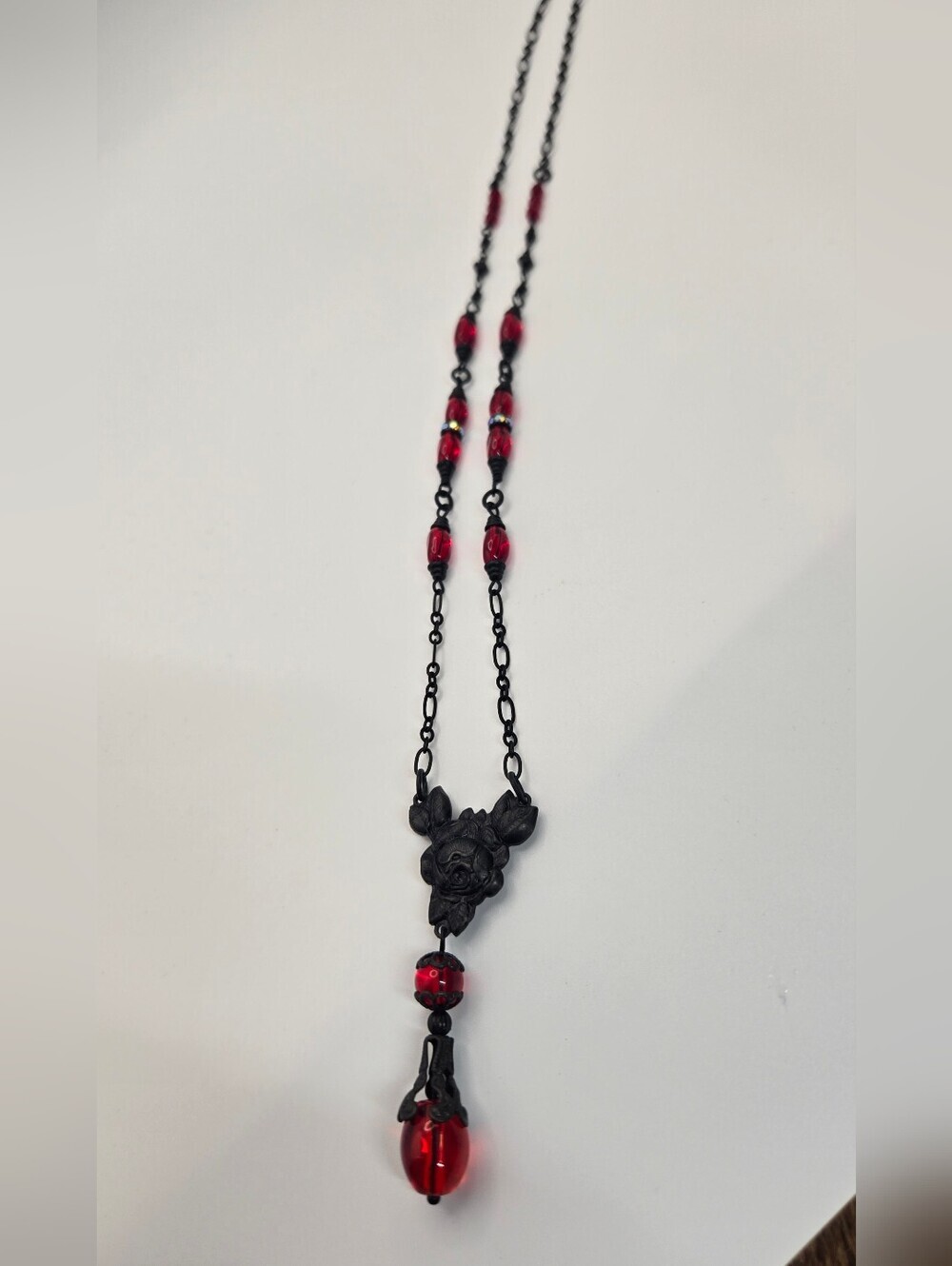 Romantic Goth Red Bead And Black Rose Necklace Artisan Made